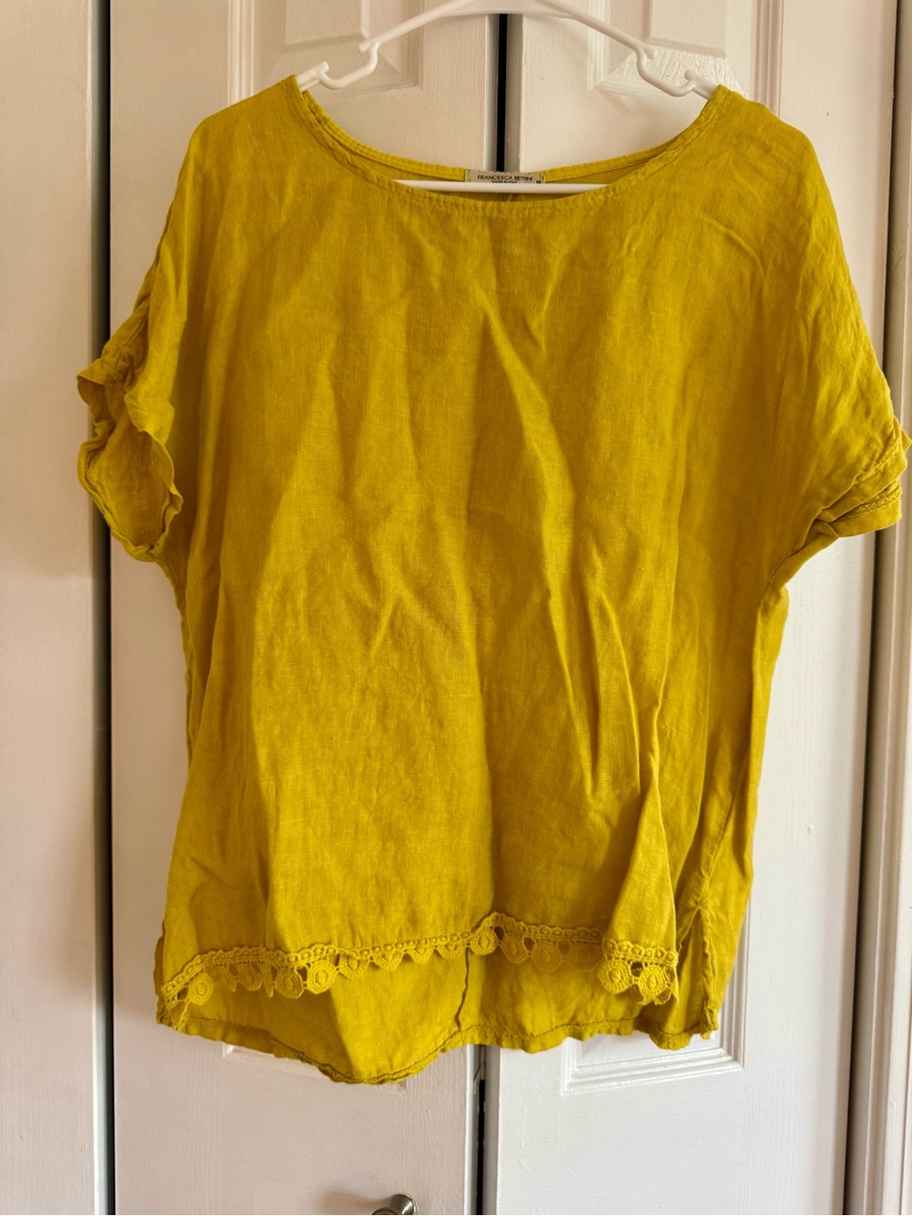 Yellow Short-Sleeve Linen-Blend Top with Crochet Hem